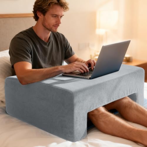 Reading Pillow for Gaming Lap Desk Pillow for Laptop with Cup Holder Pocket Foldable Memory Foam Bed Desk for Reading Working Crocheting Gaming Arm Rest on Bed/Sofa/Floor/Couch/Car(grey foldable) - color: Grey, size: Foldable