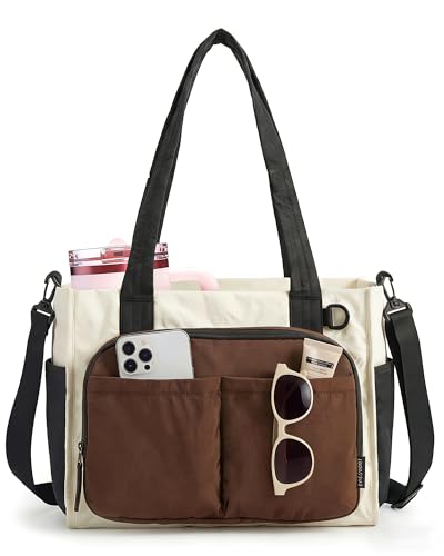 BAGSMART Small Tote Bag for Women, 13'' Laptop Canvas Work Bag with Zipper | 30oz/40oz Tumble & 11 Pockets Travel Tote, Teachers/Nurses, Lightweight Canvas or Water-Resistant Puffer Taslon Crossbody Bag - color: 12l Small Mocha Brown, size: Puffy Taslan