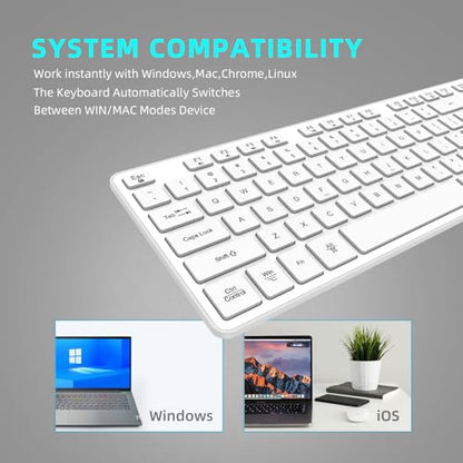 Slim Wireless Keyboard for Mac and Windows, Ultra Quiet Low-Profile Flat Key Board with Full-Size Keys, 2.4GHz Wire Less for PC, Mac, Windows 11/10/8/7 White - size: Full Size