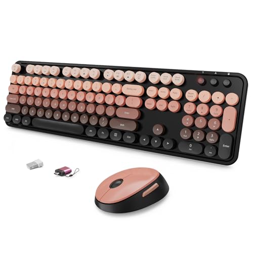 SkyGive Wireless Keyboard and Mouse Combo, Ergonomic Full Size Typewriter Retro Round Keycaps Keyboard, Compatible with Windows, PC, Perfer for Home and Office Keyboards (Aurora Red) - color: Aurora Red