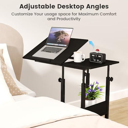 Hadulcet Adjustable C Table with Charging Station, Tiltable Desk C Shaped End Table for Couch, Over Bed Stand with Wheels Adjustable Height, Hospital Table Laptop Stand Drawing Desk, Black - color: Black, style: Upgrade