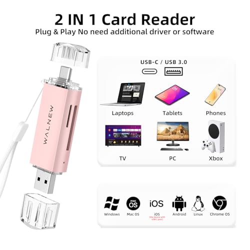 WALNEW SD Card Reader, USB 3.0 & USB-C SD/TF Memory Card Adapter | Supports UHS-I SD/SDHC/SDXC/MicroSD, Compatible with MacBook, PC, iPad, iPhone 15, Samsung Galaxy Android - color: Pink