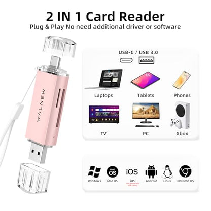 WALNEW SD Card Reader, USB 3.0 & USB-C SD/TF Memory Card Adapter | Supports UHS-I SD/SDHC/SDXC/MicroSD, Compatible with MacBook, PC, iPad, iPhone 15, Samsung Galaxy Android - color: Pink