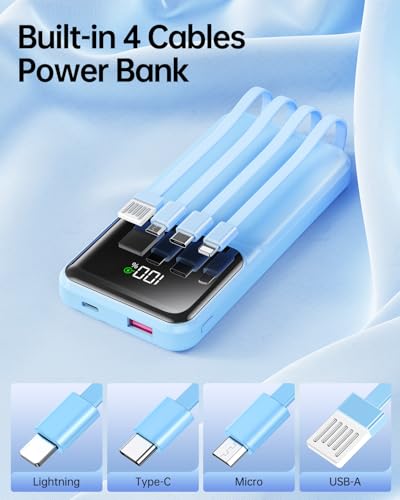 RONEGN Portable Charger with Built in Cable -20000mAh Fast Charging Power Bank USB C Slim 22.5W LED Display Battery Pack 5 Outputs & 3 Inputs for Travel Essentials iPhone Samsung Phones Sky Blue - color: Sky Blue