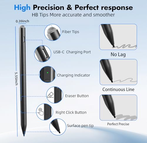 Surface Pen for Microsoft Surface Pro 12 11 10 9 8 X, MPP 2.0 Stylus with 4096 Pressure Sensitivity, Palm Rejection, Tilt & Eraser, USB-C Rechargeable Pen for Surface Laptop/Go/Book/Studio - color: Black