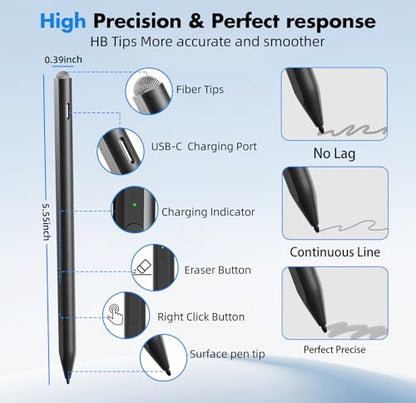 Surface Pen for Microsoft Surface Pro 12 11 10 9 8 X, MPP 2.0 Stylus with 4096 Pressure Sensitivity, Palm Rejection, Tilt & Eraser, USB-C Rechargeable Pen for Surface Laptop/Go/Book/Studio - color: Black