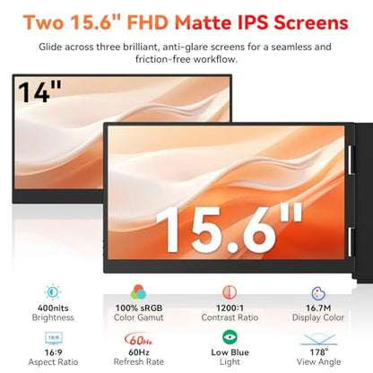 HotYeah Laptop Screen Extender (Windows Only), Dual 15.6" 1080P FHD Monitor | One Cable Connection, USB-C Travel Screen for 12 - 17" Laptop, Triple Portable Monitor w/ Kickstand & 240° Rotation - size: Dual 15.6"
