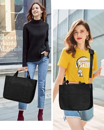 Canvas Tote Bag with Multi-Pocket for Women Large Crossbody Shoulder Handbag Everything Tote Bag with Compartments - color: Black, size: X-Large