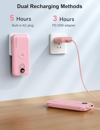 Portable Charger 10000mAh 20W, Wall Plug, 2 Cables, iWatch Charging | Digital Display, Compact Lightweight, USB C Fast Charge, USB-A 18W, Multi Protection, Travel Essential, for iPhone 17 16, Pad - color: Bloom Pink