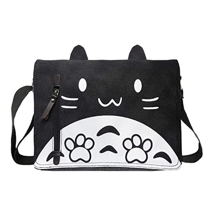 Canvas Cute Cat Kitty Messenger Bag Girls Crossbody Bag Shoulder Bag Cute Satchel School Bag - color: Black