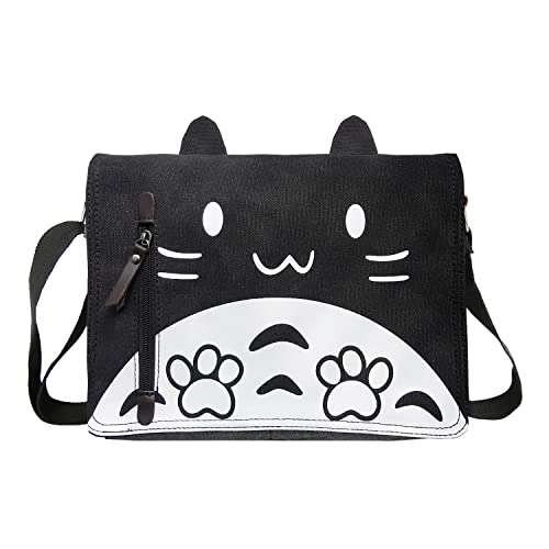 Canvas Cute Cat Kitty Messenger Bag Girls Crossbody Bag Shoulder Bag Cute Satchel School Bag - color: Black