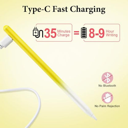 Universal Stylus Pen for iPad iPhone Android Tablets, No Bluetooth or Pairing Needed, USB-C Fast Charging, 4 LED Battery Indicators, Works with Most Touchscreen Devices, Yellow Gradient