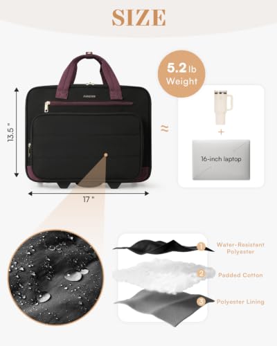 Puffer Rolling Laptop Briefcase Bag with Wheels For Women Work & Travel | Fits 16-Inch Computer Bag with Wheels, Water Resistant, TSA Friendly, 4 Pockets, Lockable Zippers, 3 Ways to Carry - color: Ribbed Black Purple