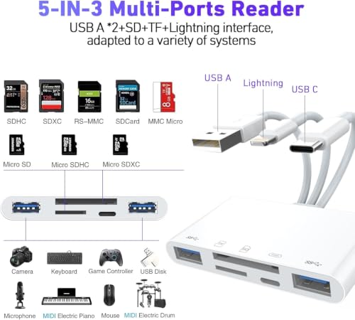 5-in-1 SD Card Reader for iPhone with USB-C, USB-A & OTG Adapter | Lightning, USB-C & USB-A Card Reader with SD/TF Slots, USB Port and Charging for iPhone, iPad, Android, MacBook & PC - color: White