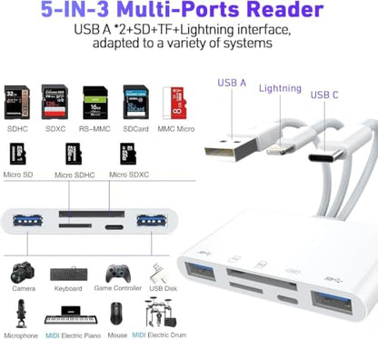 5-in-1 SD Card Reader for iPhone with USB-C, USB-A & OTG Adapter | Lightning, USB-C & USB-A Card Reader with SD/TF Slots, USB Port and Charging for iPhone, iPad, Android, MacBook & PC - color: White