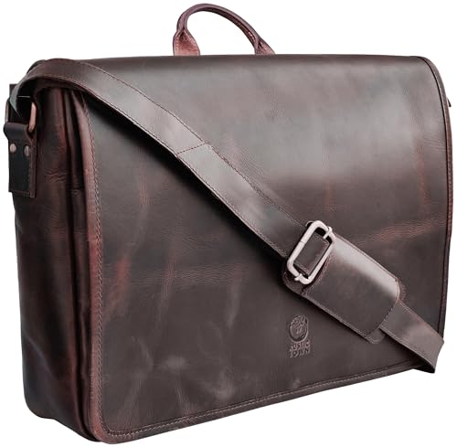 Leather Messenger Bag for Men 14" Leather Laptop Bag Vintage Crossbody Office Satchel Travel Shoulder Bag - color: Dark Brown