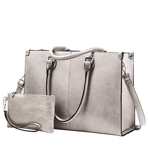 LOVEVOOK Laptop Tote Bag for Women, 15.6 Inch Professional Work Bag with Matching Clutch, Waterproof Vintage Leather Computer Tote for Office, Business Travel & Daily Use, Gift for Women - color: Smoke Gray, size: 15.6 inch