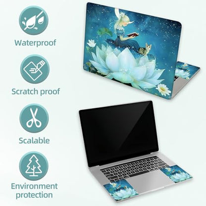 Universal Laptop Skin Decal, 3-Piece Vinyl Protector for 12 13 14 15.6" Notebook, Waterproof Anti-Scratch, Easy Trim & Bubble-Free Finish, Girl in Blue Dress Sitting on the Flower - color: Girl in Blue Dress Sitting on the Flower