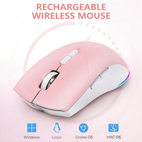 Wireless Mouse, Bluetooth Mouse for Laptop, Rechargeable, Dual Mode (BT 5.2 + 2.4G ) Silent Wireless Bluetooth Pnk Mouse, Laptop Mouse,Ergonomic Design, 3-Level Adjustable DPI Mouse for iPad, Mac, PC
