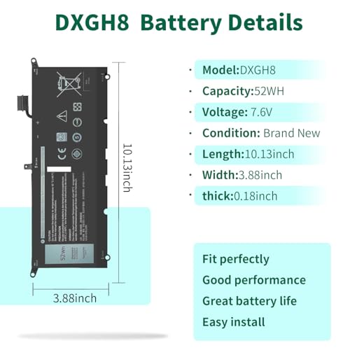 DXGH8 7.6V 52Wh Battery for Dell XPS 13 9370 9380 2019 Inspiron 13 7390 7391 2-in-1 5390 5391 7490 Latitude 3301 E3301 Vostro 5390 5391 Series 0H754V H754V G8VCF G8VCF6C HK6N5 P113G001 P82G P82G001 - size: 10.13*3.88*0.18inch