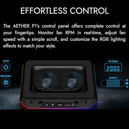 GAMDIAS Black Laptop Cooling Pad for Gaming Laptops up to 19”, Dual 135mm Fans, RGB Lighting, 7 Adjustable Heights, USB-A & USB-C Ports, Phone Stand, Aether P1