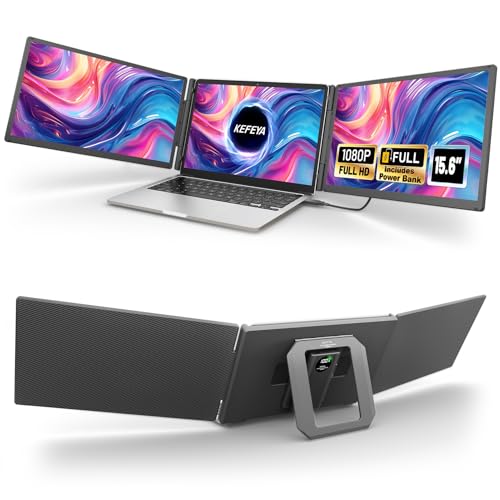 KEFEYA 15.6" Laptop Screen Extender, 1 Cable Connect, Triple Laptop Monitor Extender with Magnetic Power Bank, 1080P FHD Monitor for Laptop, Compatible with Mac, Windows, Android for 13-17" Laptops