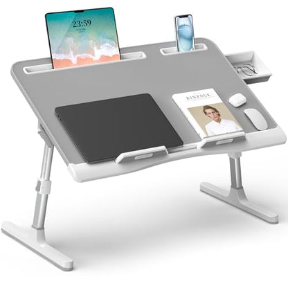 Laptop Bed Desk, X-Large Leather Adjustable Computer Bed Table Tray, Foldable Laptop Lap Desk for Bed Sofa Couch Floor Writing Eating Working with Drawer 2 Movable Stoppers (23.6 inch, Grey) - color: Gray