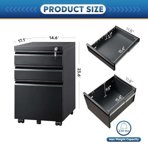 DEVAISE 3 Drawer Mobile File Cabinet with Lock, Under Desk Metal Filing Cabinet for Home Office/Legal/Letter/A4 File, Fully Assembled Except Wheels, Black - color: Black, size: 17"D x 15"W x 24"H