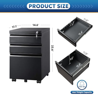 DEVAISE 3 Drawer Mobile File Cabinet with Lock, Under Desk Metal Filing Cabinet for Home Office/Legal/Letter/A4 File, Fully Assembled Except Wheels, Black - color: Black, size: 17"D x 15"W x 24"H