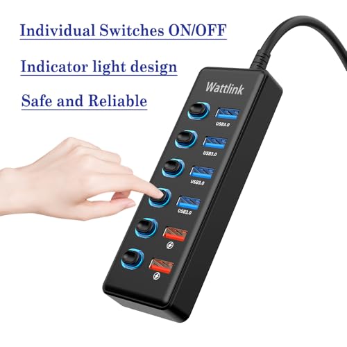 Powered USB 3.0 Hub, 6 Ports Hub Splitter with Power Adapter, 4 Data Ports + 2 QC 3.0 Fast Charging Ports, Individual LED Switches, Black