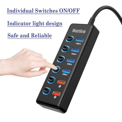 Powered USB 3.0 Hub, 6 Ports Hub Splitter with Power Adapter, 4 Data Ports + 2 QC 3.0 Fast Charging Ports, Individual LED Switches, Black