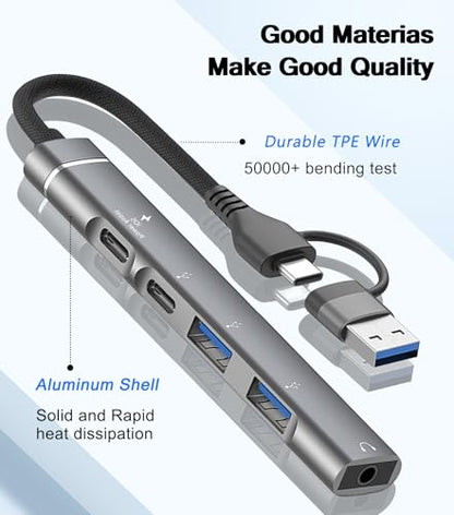USB C Hub USB 3.0 Hub with 3.5mm Headphone Aux Jack, 5-in-1 USB C to USB Adapter USB C Splitter with 15W PD, USB 3.0, USB 2.0, USB C Ports, USB C Dongle for MacBook Air/Pro,XPS,iMac,iPad Pro