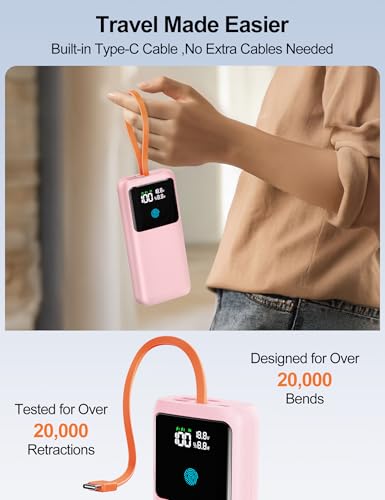 Portable Laptop Charger 24000mAh 65W w/USB C Built-in Cable Pink | 65W Fast charging, LED display, Charge 4 devices at once, Pass through, TSA approved, Compatible with Macbook/Notebook/iPhone - color: Pink