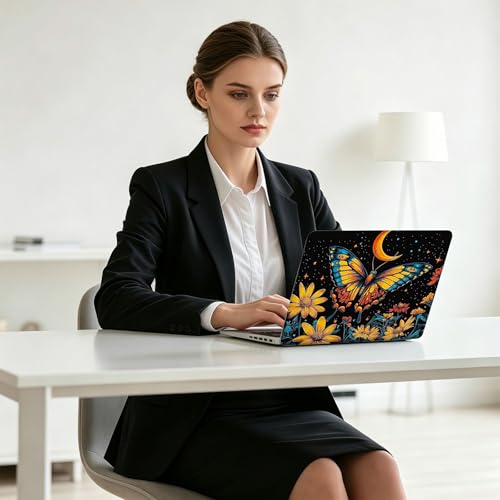 Universal Laptop Skin Decal, 3-Piece Vinyl Protector for 12 13 14 15.6" Notebook, Waterproof Anti-Scratch, Easy Trim & Bubble-Free Finish, Moonlit Butterfly Amongst Flowers - color: Moonlit Butterfly Amongst Flowers