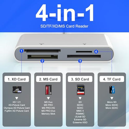 OTG Memory Stick Pro Duo Adapter, 4-in-1 USB C/Lightning/USB-A to SD/TF/XD/MS Card Reader for Sony Lexar Sandisk, Plug & Play Digital Camera Card Reader for iPhone 14/15/16/17/Android/Mac/PC/Pad