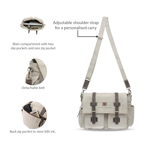 Easton Crossbody Messenger Bag | Denim Canvas Laptop Bag with Leather Accents | Multi Pocket Shoulder Bag - color: Fade Beige
