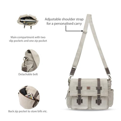 Easton Crossbody Messenger Bag | Denim Canvas Laptop Bag with Leather Accents | Multi Pocket Shoulder Bag - color: Fade Beige