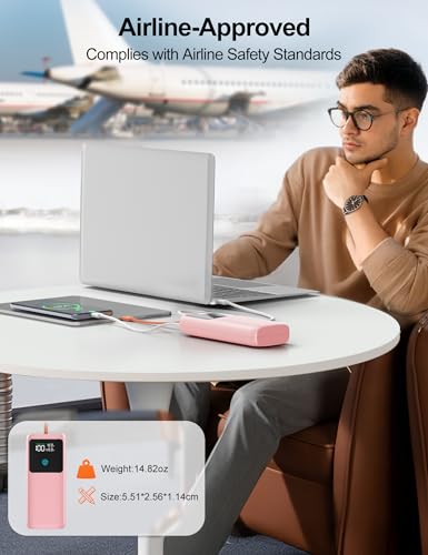 Portable Laptop Charger 24000mAh 65W w/USB C Built-in Cable Pink | 65W Fast charging, LED display, Charge 4 devices at once, Pass through, TSA approved, Compatible with Macbook/Notebook/iPhone - color: Pink