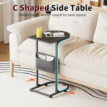C Shaped End Table, Small Side Table for Couch, C Table that Slides Under Sofa with Storage Bag, TV Tray Table for Recliner, Living Room, Bedside, Bedroom, Small Spaces, Black - color: Classic Black