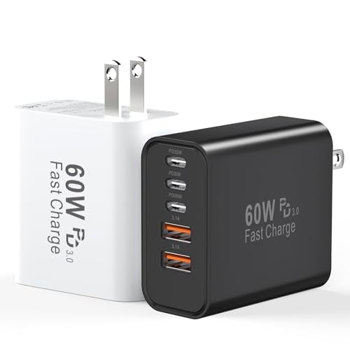 USB C Fast Charger Block, 60W 5-Port USB C Wall Charging Blocks, Type C Charger Fast Charging Brick, 3USB C+2USB A PD&QC3.0 Multiport Charger Plug for iPhone 17/16/15/14/13 Pro Max, Pad, White+Black - color: White+Balck