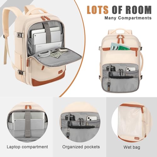 40L Travel Backpack, Flight Approved Carry On Laptop Backpack | Water-resistant, Personal Item Travel Bag, Fits 15.6/17.3 inch Laptop, Hiking, Camping, Business, Commute, Men & Women - color: Beige, size: Large