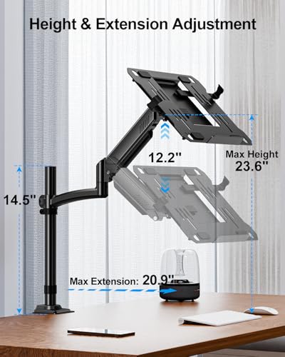 MOUNTUP Laptop Desk Mount, Adjustable Laptop Stand for max 17" Notebook or 32" Monitor, Laptops Arm Mount for Desk Holds 4.4-22lbs, Tall Laptops Stand with Clamp/Grommet - size: Single, style: With Pole