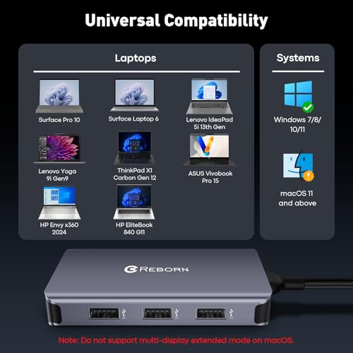 Reborn USB C Hub to Dual HDMI 4K, Docking Station Dual Monitor for Laptop, 6-in-1 USBC Dongle Adapter with 100W PD, 3 USB Ports, Portable HDMI Splitter Extended Display for Lenovo, HP, Dell, Surface