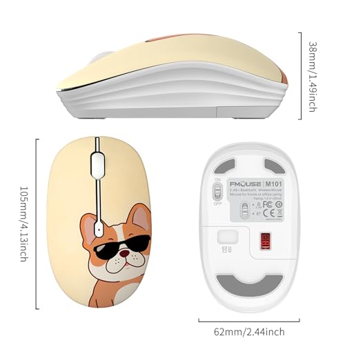 FMOUSE Cute Wireless Mouse, Bluetooth & 2.4GHz Dual Mode with USB Receiver, Silent Click, AA Battery Powered, for Kids Students Teen Girls, Compatible with Laptop Mac iPad PC (Cool French Bulldog) - color: Cool French Bulldog