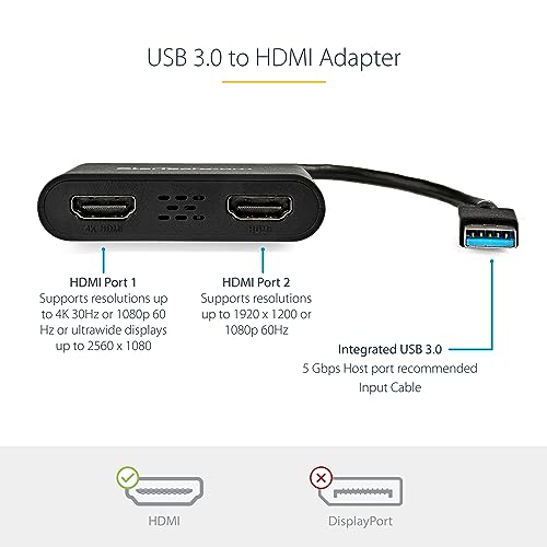 StarTech USB-A 3.0 to Dual HDMI Adapter, 4K 30Hz + 1080p 60Hz, Windows only | USB 5Gbps to 2x HDMI external graphics, 1x 4K 30Hz + 1x 1080p 60Hz, Extend or mirror - style: Windows Only