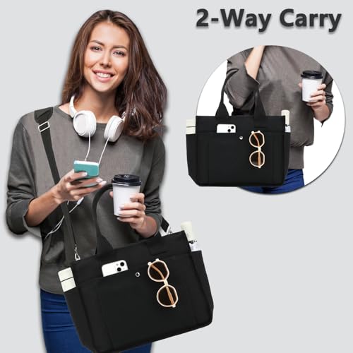 Fammart Large Canvas Tote Bag for Women with Zipper & Compartments, Crossbody Laptop Bags for Work College Travel - color: Black
