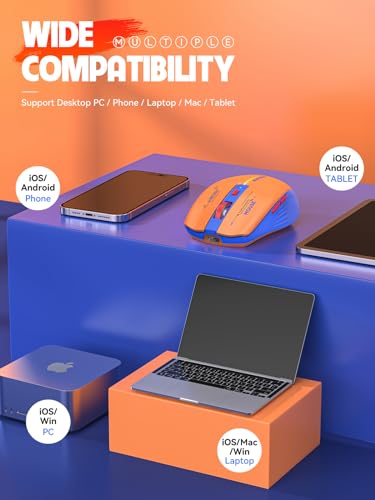 RAPIQUE Bluetooth Wireless Mouse - (BT1/BT2+USB Receiver) Dual Mode, Rechargeable, Quiet Click, Multi-Device Compatibility for Laptop, Computer, MacBook, Tablet (Blue and Orange) - color: Orange and Blue