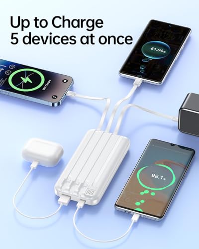 RONEGN Portable Charger with Built in Cable -20000mAh Fast Charging Power Bank USB C Slim 22.5W LED Display Battery Pack 5 Outputs & 3 Inputs for Travel Essentials iPhone Samsung Phones White - color: White
