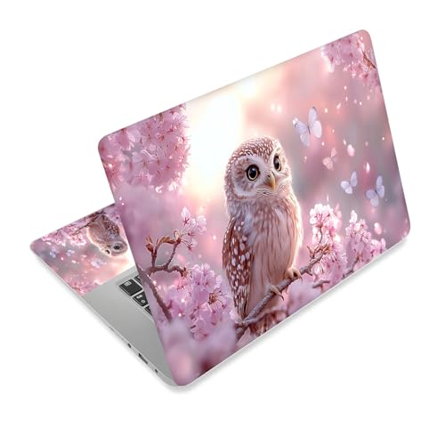 Universal Laptop Skin Sticker Decal,15.6 Inch Laptop Vinyl Cover for 13" 14" 15.6" Laptop,Scratch-Resistant Waterproof Protector Wrap,Reusable with Wrist Pads,Cherry Blossom Owl - color: Cherry Blossom Owl