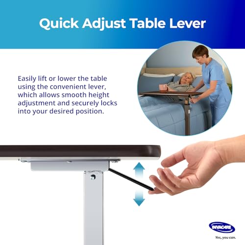 Invacare Bed Table, Height Adjustable Overbed Table, Hospital Bedside Table, Medical Rolling Desk with Wheels, Waterproof Medical and Home Use L-Shaped Steel Base Over Bed Tray Table - style: Non-Tilting Table